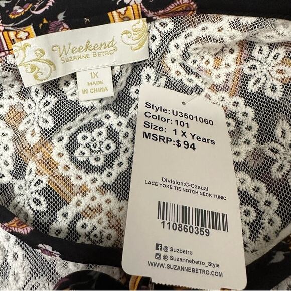 NWT Suzanne Betro Weekend Lace Yoke Tie Notch Neck Tunic Top Size 1X $94 - Picture 5 of 6